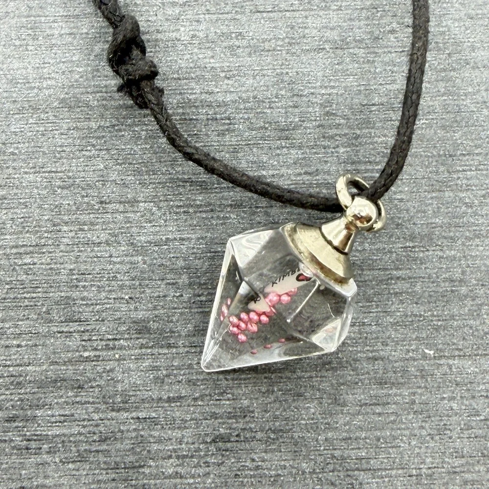 Clear Faceted Bottle Pendant Necklace Pink Beads Black Cord Y2K Statement Gift